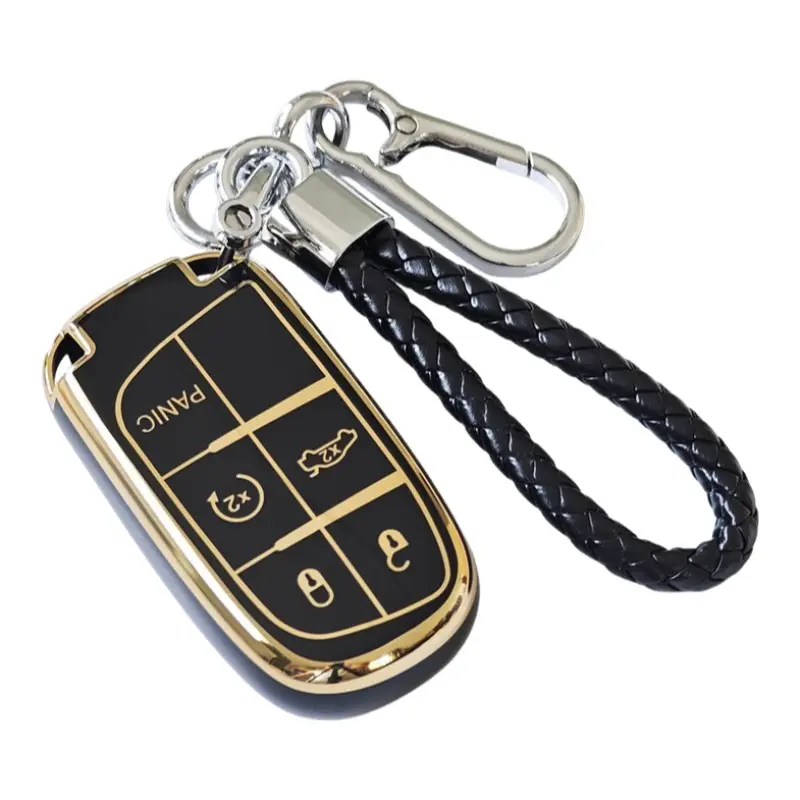 Jeep Keychain Protector Case with Leather Strap, Soft Tpu Cover for Grand Cherokee, Renegade, Chrysler, Dodge, RAM, Fiat, Smart Keys