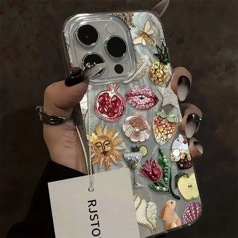 Pomegranate flower printed bead phone case, drop resistant, stylish and durable, suitable for iPhone 17/16/15/14/13/12/11/7/8/Pro/PLUS/ProMax/Air/X/XS/XSMAX series, birthday gift, holiday gift, couple phone case tiktokshopbacktoschool