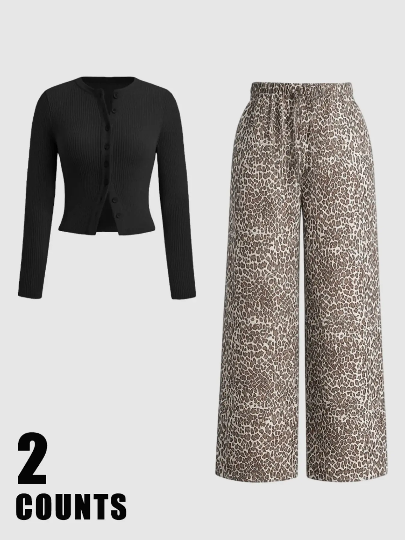 Two-piece women's four-season set: black short ribbed knit button cardigan + leopard print wide-leg pants. Casual loungewear, street style, elastic waist, Y2K minimalist look, soft & comfy. Ideal for home, WFH, dates, nights out, or commuting.