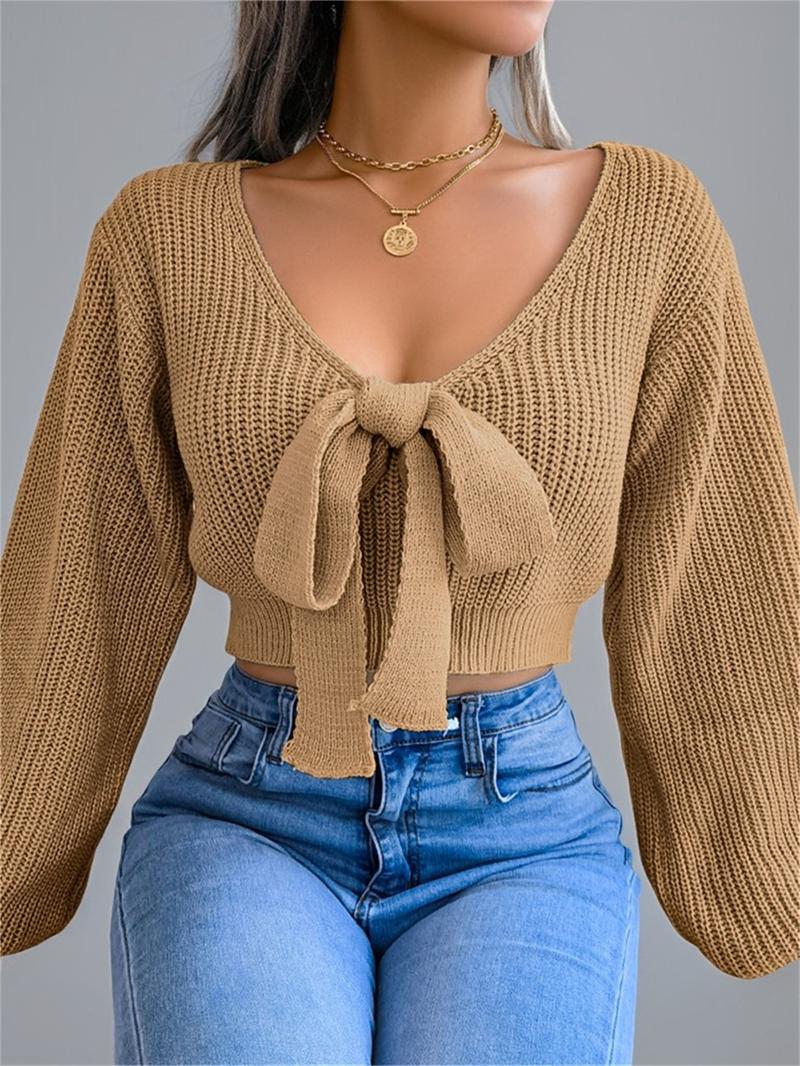 Women's Plain Bow Decor Tie Front Crop Sweater, Casual Chic Bishop Sleeve V Neck Jumper for Fall & Winter, Women's Knitwear for Daily Wear Women's Plain Bow Decor Tie Front Crop Sweater, Casual Chic Bishop Sleeve V Neck Jumper for Fall & Winter, Women's Knitwear for Daily Wear