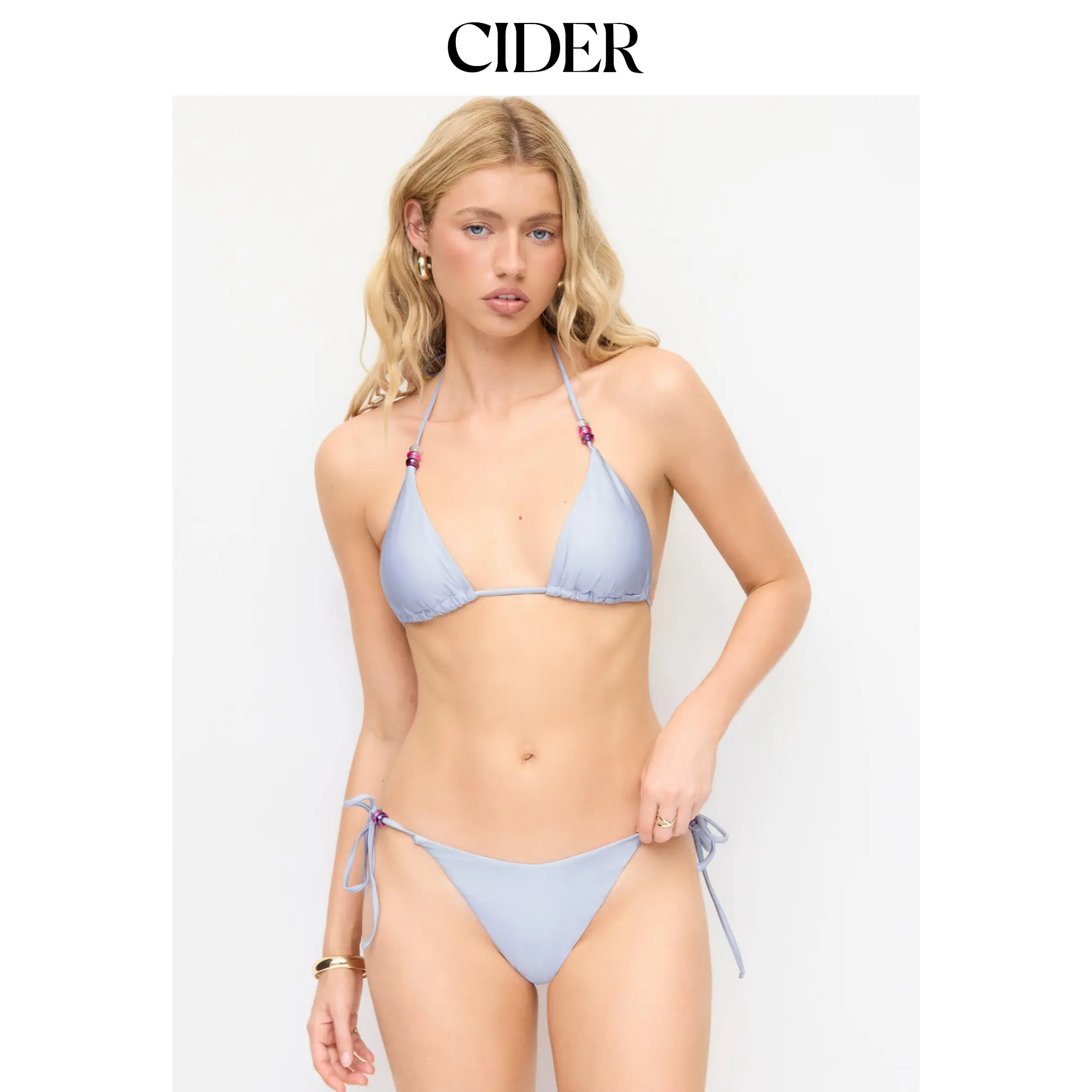 Cider Halter Neckline Color Beaded Triangle Low Rise Tie Side Bikini Set