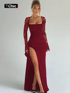 Women's Solid Contrast Lace Long Sleeves Split Thigh Bodycon Cocktail Dress, Square Neck Ruched Cut Out Backless Lace-up Plain Slit Maxi Dress, Elegant Party Club Date Evening Gown Daily Casual Long Dresses For Ladies Spring & Fall Clothes Wear