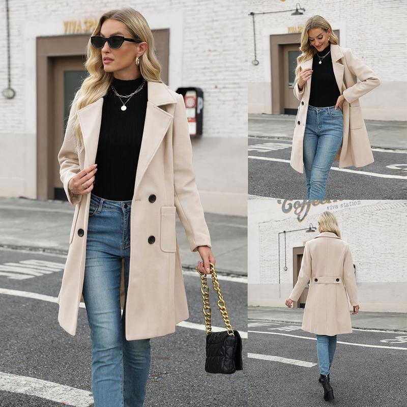Molitree Women's Winter Wool Blend Camel Mid-Long Coat Notch Double-Breasted Lapel Jacket Outwear Womenswear Tops Minimalist Collared Casual Button