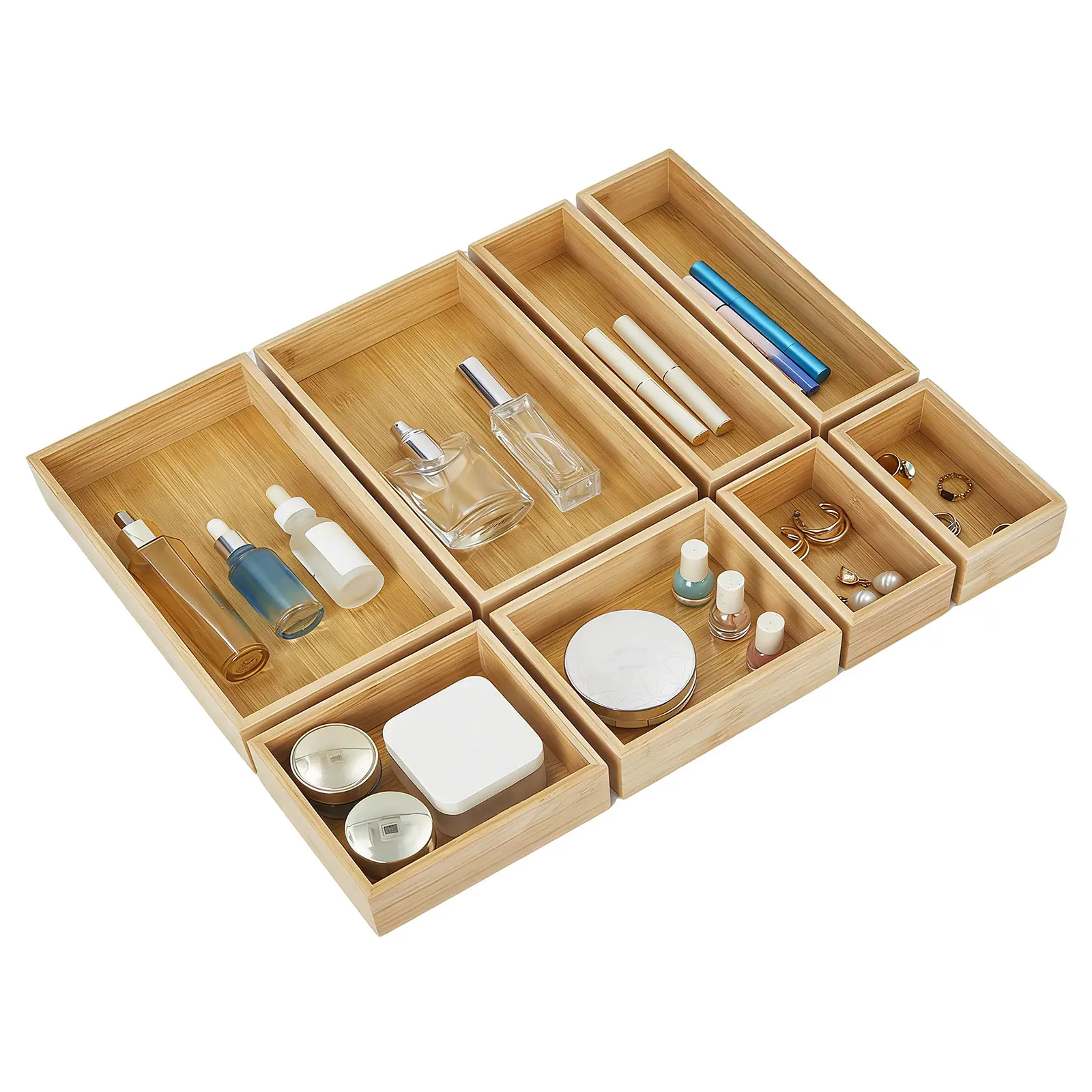 Expandable Wooden Drawer Organizer Set – 8 Pack Adjustable Storage Trays & Divider Boxes for Kitchen, Bathroom, Desk – Eco-Friendly Natural Wooden for Utensils, Makeup, Jewelry, Office Supplies