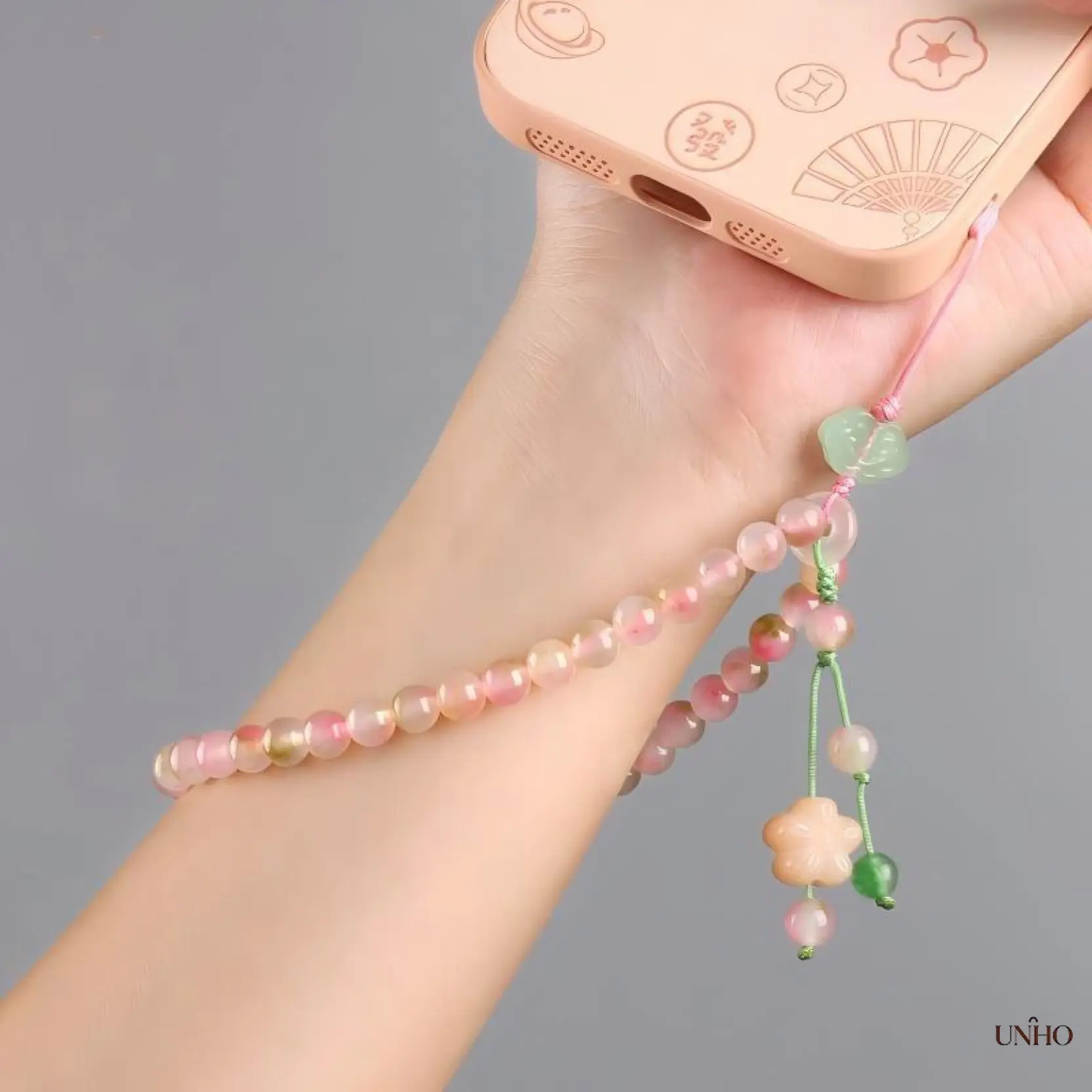 Peach‑Blossom Auspicious‑Cloud Beaded Wrist Lanyard For Women, Girly‑Vibe Hand‑Crafted Ornaments, Exquisite Classy Light‑Weight Chain Pendant For Daily‑Wear And Casual Outings