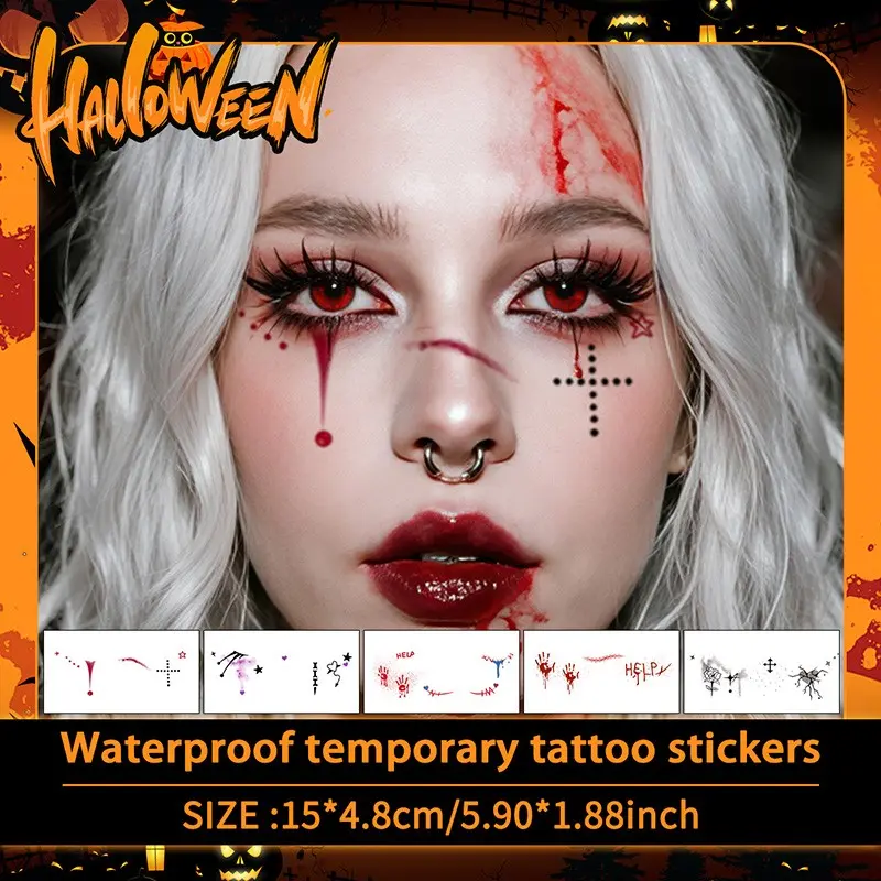 Halloween Clown Makeup Temporary Tattoos, Blood Handprint, Rose Flower, Heart, Colorful, Waterproof, Reusable, for Face, Arm, Leg, Chest, Lockbone, Back