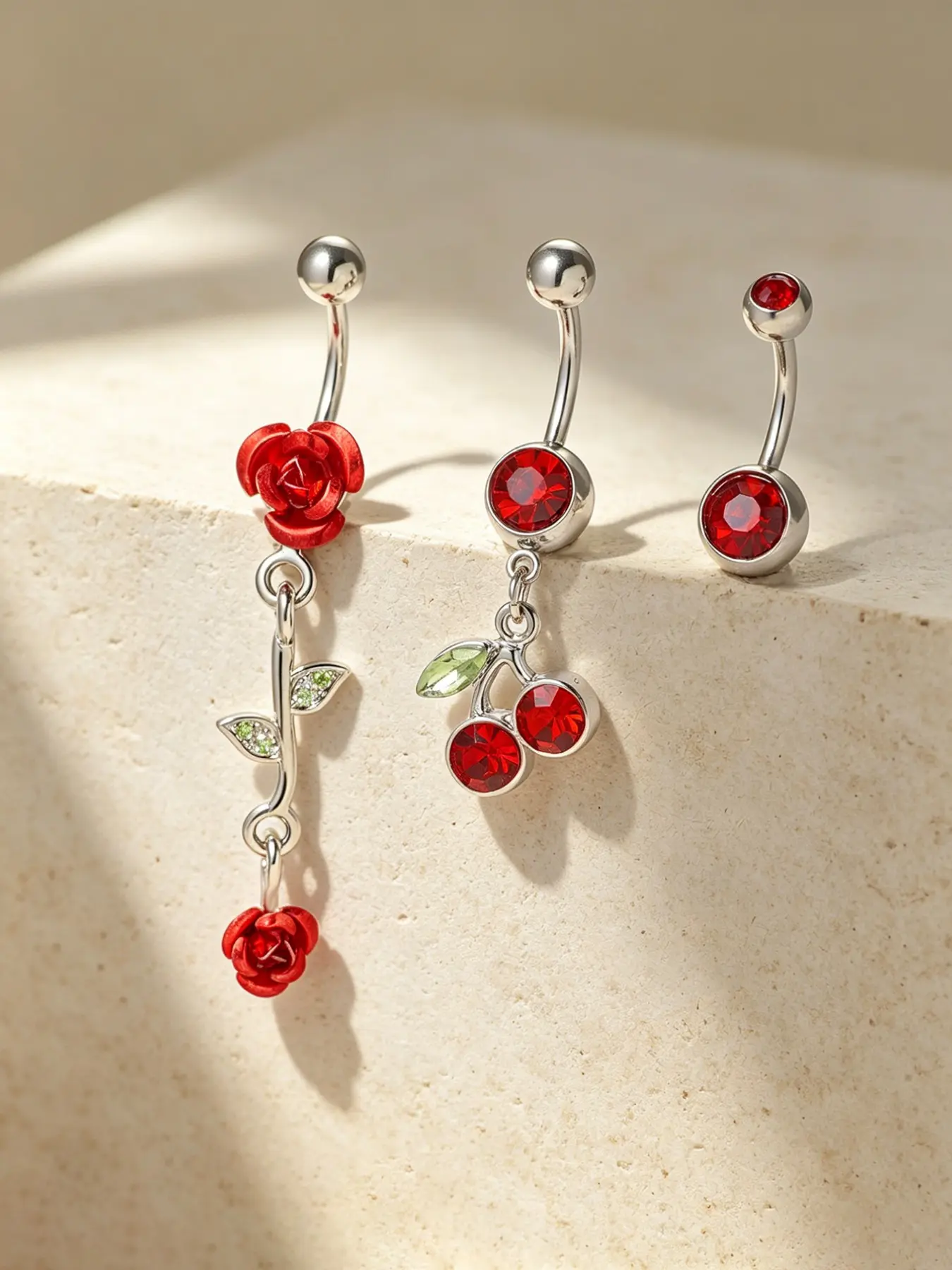 3 Pcs Women's Fashion Rose Cherry Zircon Belly Ring Set, Belly Button Jewelry, Long Body Piercing Jewelry, Body Jewellery, Daily Wear, Beach Party Accessories