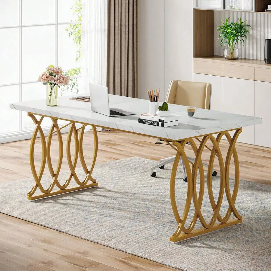 63" W Large Executive Desk, Modern Computer Desk & Conference Table, White And Gold Office Meeting Room Table, Business Furniture Home Office