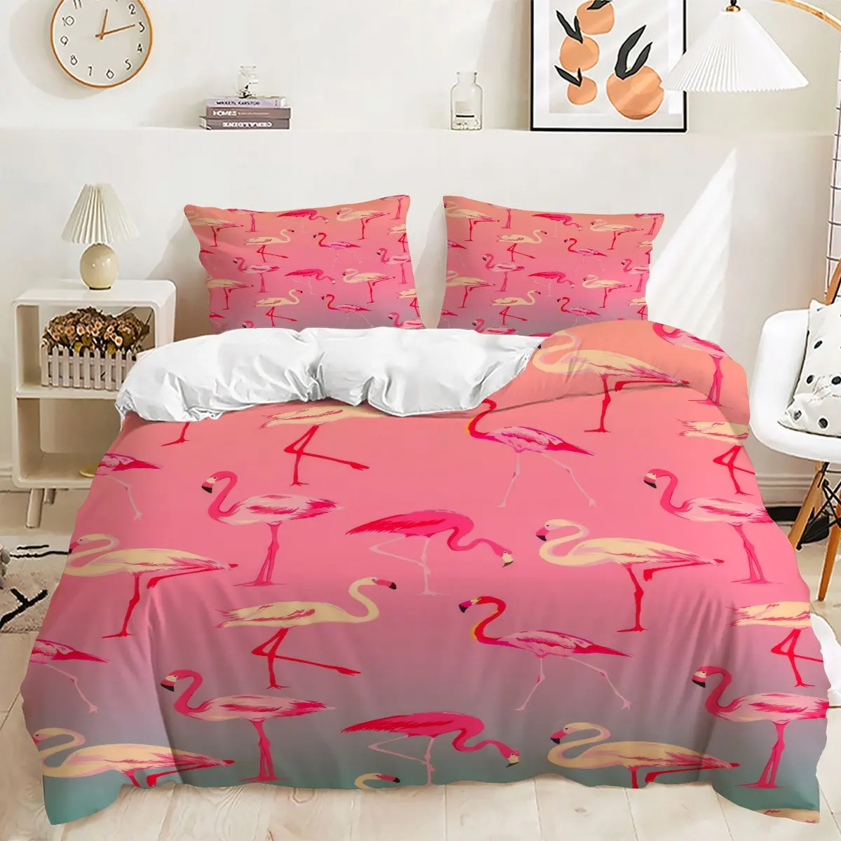 2/3pcs Pink Mint Gradient Flamingo Bird Bedding Set, No Filling – Pattern Duvet Cover Set, Suitable for Master Bedroom, Teen Girl Room, Tropical Pastel Studio, Boutique Beach Girly Guest House, Family Leisure Room & Summer Cottage