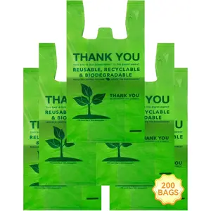 200 Count  T-Shirt Bags, Compostable Thank You Grocery Bags,  Plastic Shopping Bags, 11.5 x 6.25 x 21 Inch, 16 Mic Heavy Duty Retail Carry Out Bags