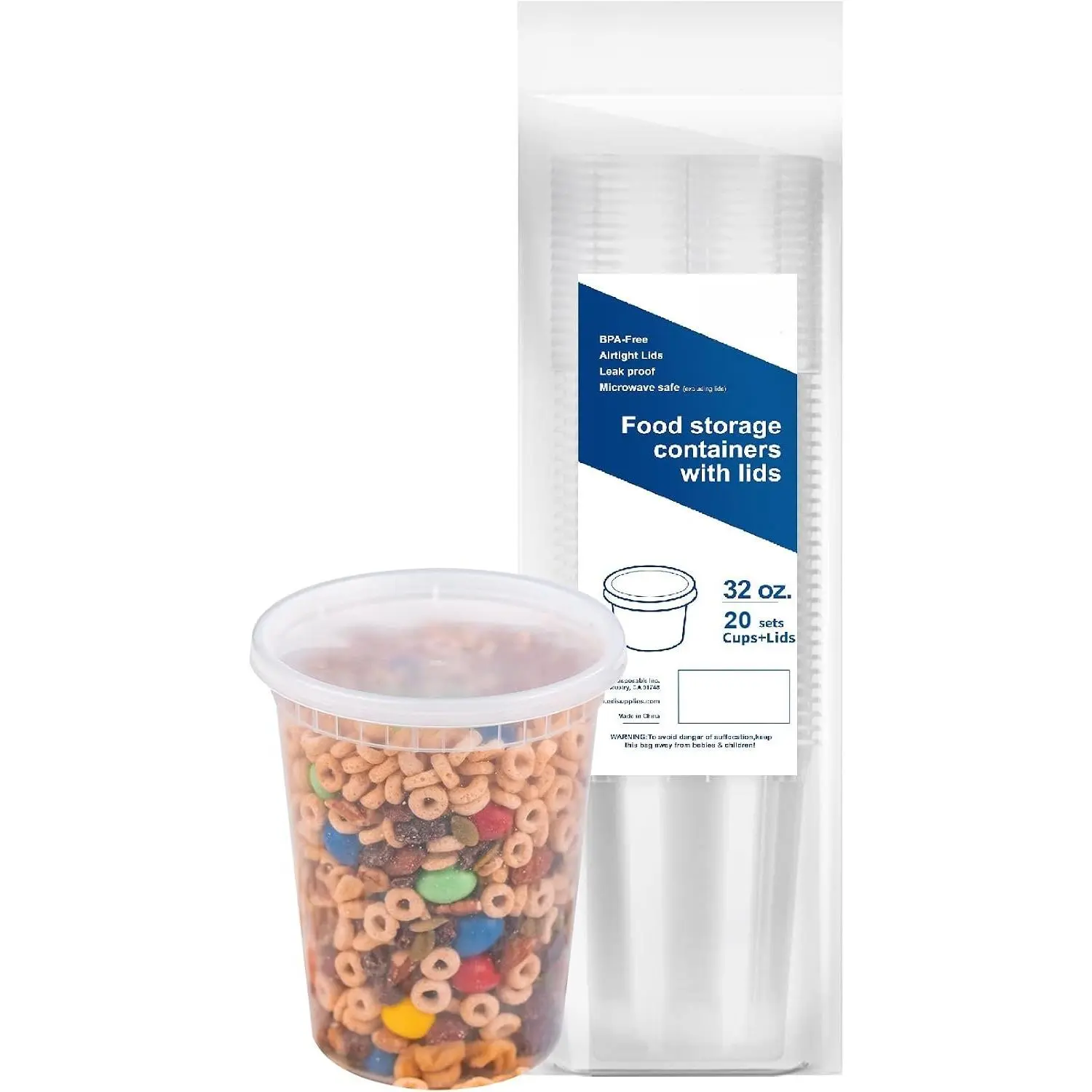 [32 OZ, 20 Sets] Plastic Deli  Storage Containers with Airtight  | Microwave-, Freezer-, Dishwasher-Safe |  | Heavy-Duty | Meal Prep | Leakproof | Recyclable