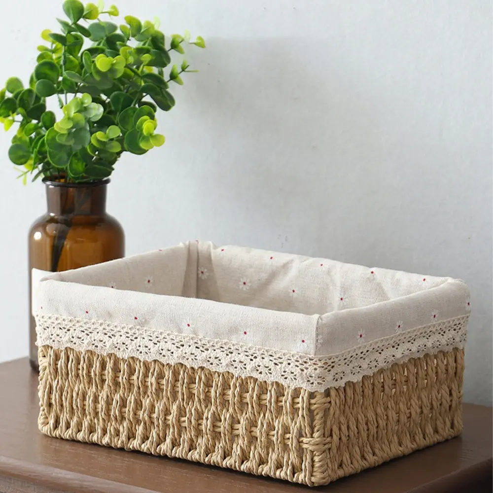 Bohemian Style Woven Storage Basket Set, Handmade Cosmetic Organizer, Vintage Country Style with Fabric Lining, Stackable Rectangular Box, Handwoven Storage Basket