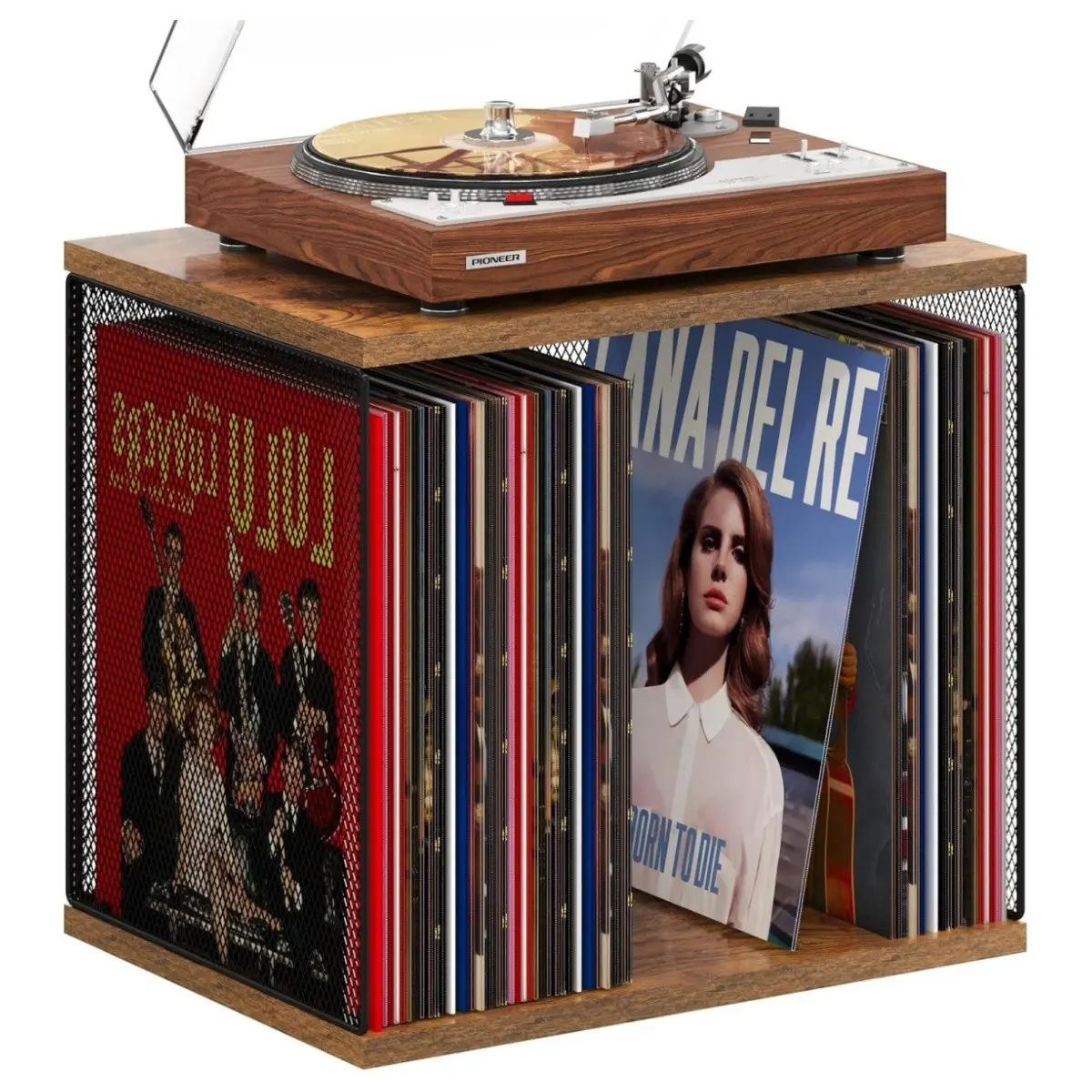 Vintage Wood Grain Grid Open Vinyl Record Player Shelf, Large Capacity Lp Storage, Metal Mesh Side Panel, Retro Display Stand