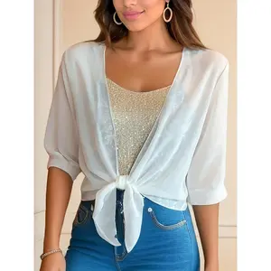 Women'S Lightweight Chiffon Shawl Jacket - V-Neck Short Sleeve Cardigan with Adjustable Tie Waist, Breathable Summer Dress Layering Piece for Casual & Formal Outfits, Casual Summer Wear| Vneck Cardigan| Chiffon Fabric