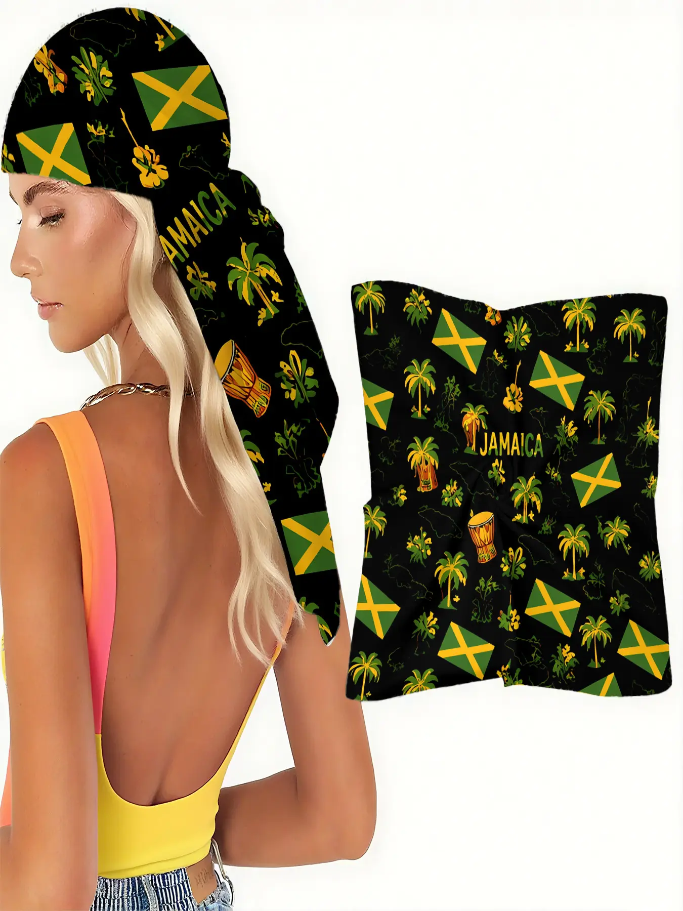 【Jamaica Culture】Scarf Shawl Wrap with Reggae Inspired Jamaican Flag, Palm Trees, Hibiscus, Drum & Jamaica Text – Ideal for Caribbean Music Festivals, Jamaican Cultural Events, Island Resort Wear, Tropical Vacations and Summer Celebration Outfits
