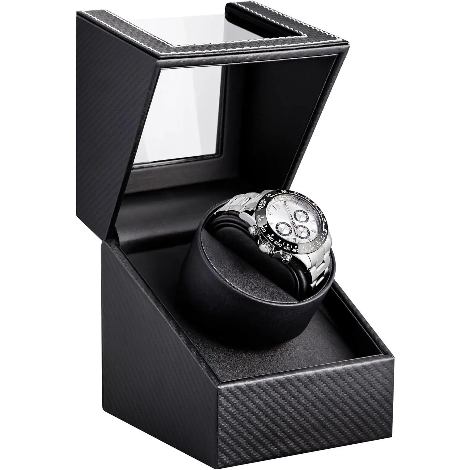 Automatic Single Watch Winder Box with Japanese Quiet Motor, Anti-Magnetic Design, USB-C or Battery Power, Adjustable Pillow, Black Carbon Fiber, Gift for MenGift