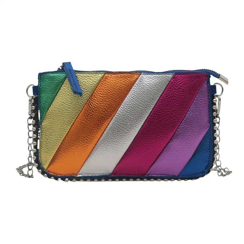 Women's Rainbow Colorblock PU Leather Crossbody Shoulder Bag - Diagonal Chain, Waterproof, Urban Simplicity Style, Daily Use New Fashion Accessory, Zip Fastener