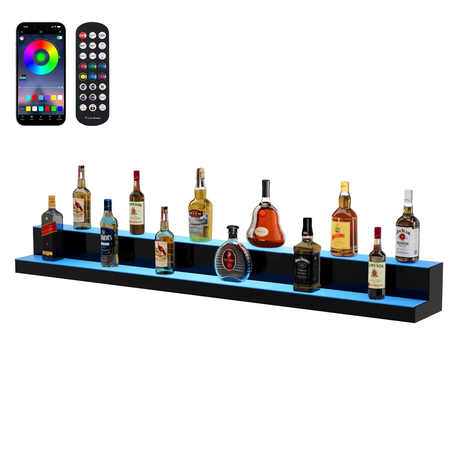 VEVOR Transparent Acrylic LED Lighted Liquor Bottle Display, 2-Tier 60 inch Indoor Waterproof Drink Shelf, 2-Step Whiskey Rack Stand for Clubs with RF Remote & App Control, Multicolor Lighting