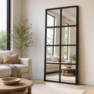 Rectangular Window Pane Wall Mirror with Black Metal Grid Frame, Modern Geometric Decorative Mirror for Living Room, Bedroom, Entryway & Hallway, Farmhouse Industrial Home Decor Accent with Sleek Black Finish, Unique Windowpane Design
