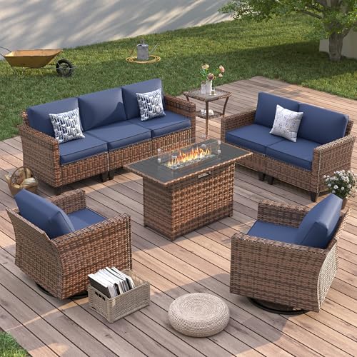 【3/4 packages delivery】UDPATIO Modern Outdoor Wicker Sofa Set, fire pittable Rattan Wicker Outdoor Sectional Set with Rocking Swivel Chairs, PE Rattan Outdoor Sofa Set with Storage Table and Waterproof Covers for Backyard, Deck, Porch SpringGardening