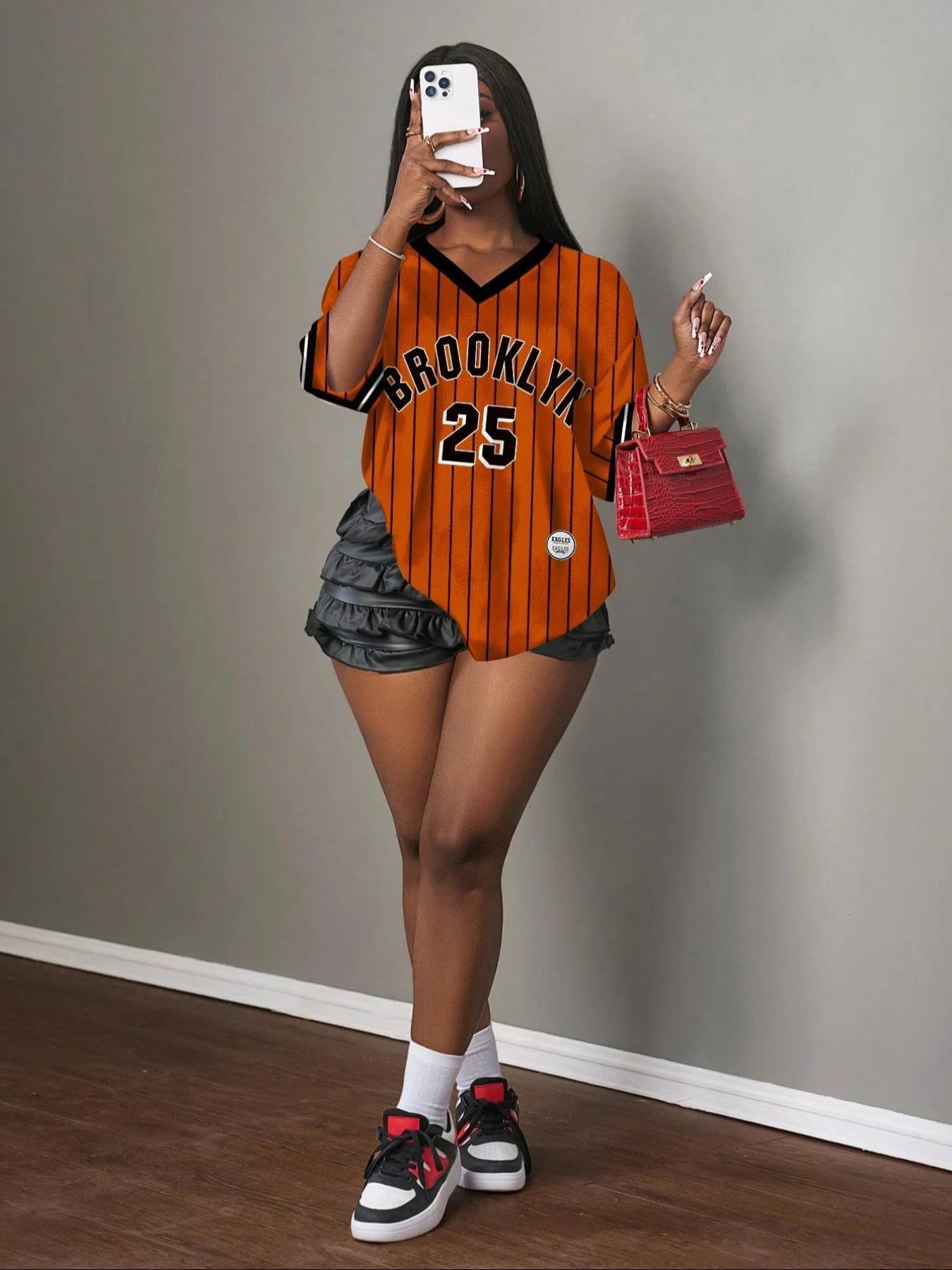Women's Y2K Casual Simple Letter Brooklyn Graphic Print T-Shirt, Breathable Mesh Sports Ball Jersey, Streetwear Daily Wear Top, Athletic Sports Clothing