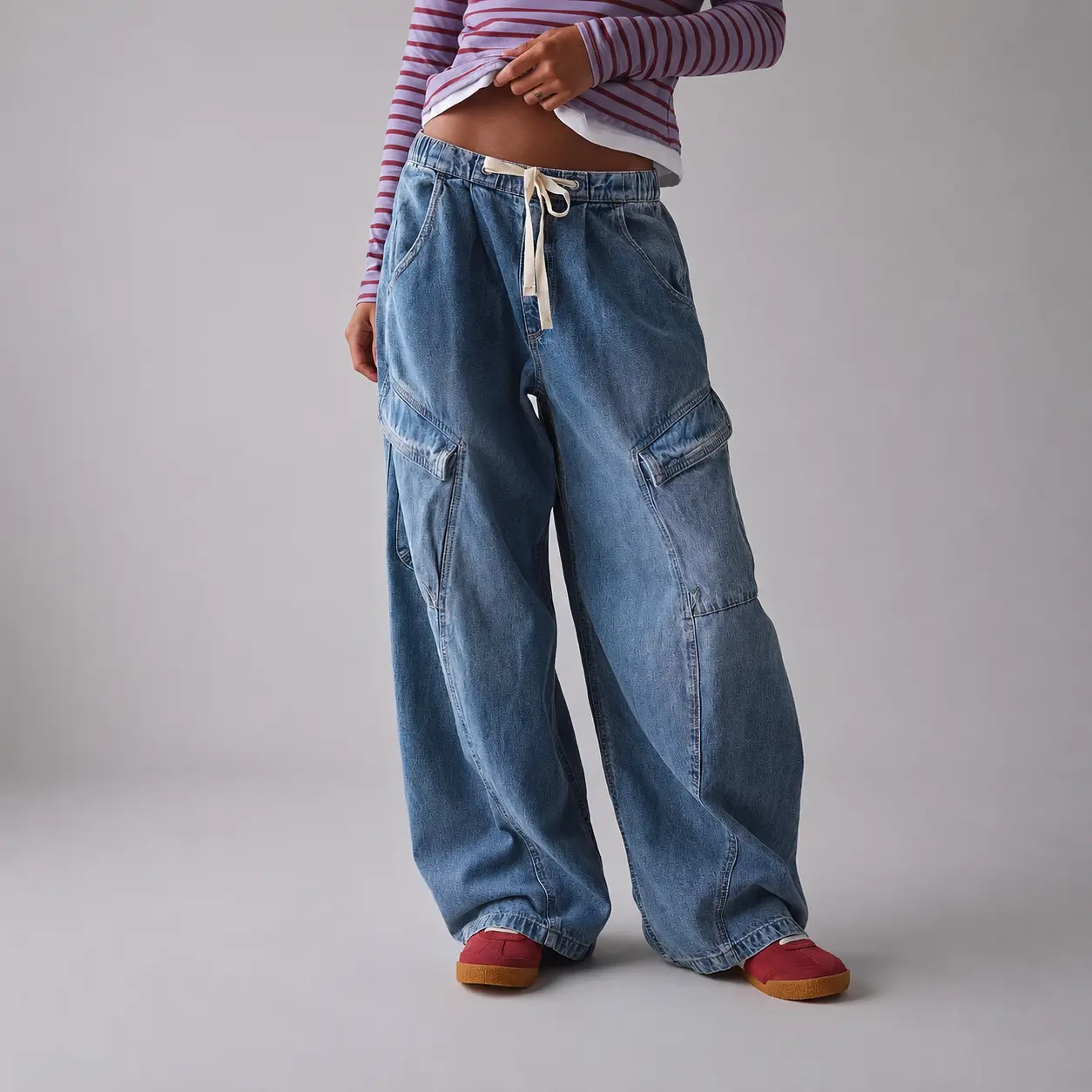Women's High-Waist Streetwear Solid Cargo Jeans - Loose Relaxed-Fit Wide-Leg Denim Bottoms with Elastic Drawstring Waistband, Pockets, Floor-Length Workwear Pants