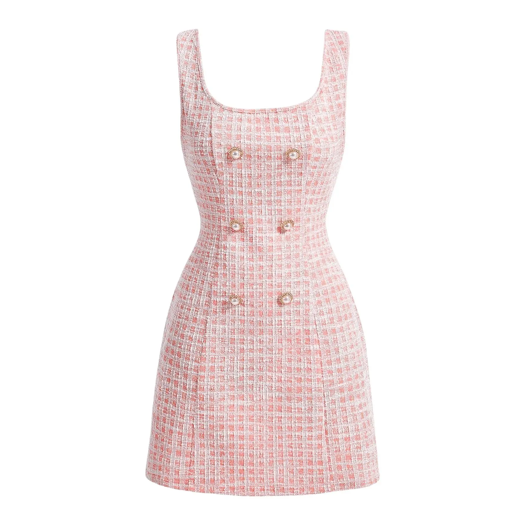 Women's Comfy Breathable Straight Plaid Tweed Garment, Sleeveless Square Neck Elegant Work Mini Dress, Soft, Casual Wear, Fabric, Ready To Wear, Button Front