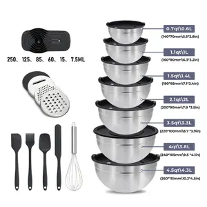 21 Piece Nestable Stainless Steel Mixing Bowl Set with Sealed Lids, Includes 7 Storage Bowls & 3 Grater Attachments, Multifunctional Space-Saving Kitchen Prep Bowls for Cooking, Baking and Food Serving