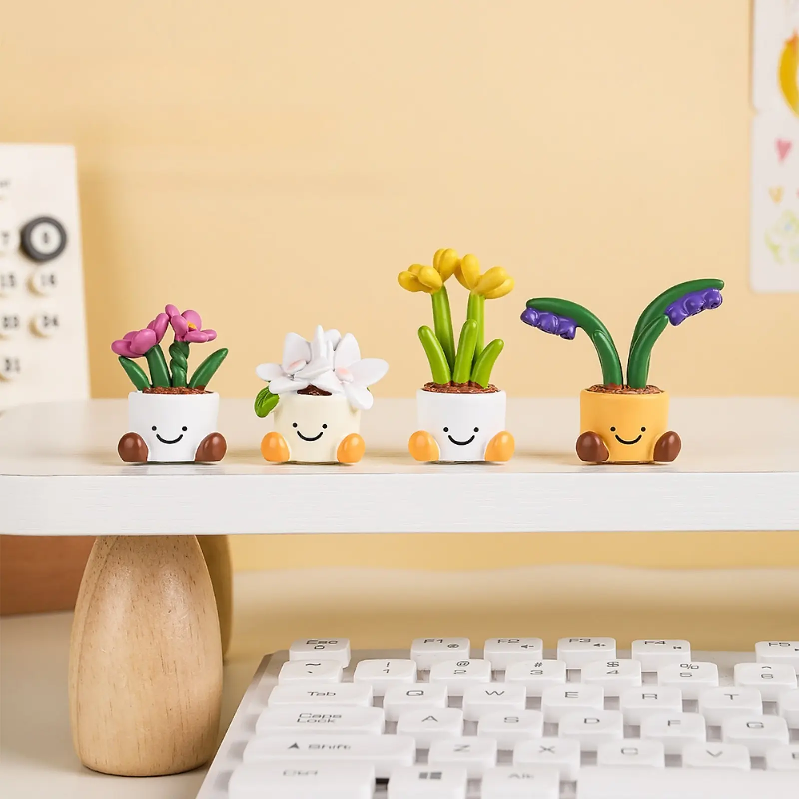 4Pcs Set Cute Mini Potted Plant Figurine Smile Face Flower Resin Statue Kawaii Micro Landscape Desktop Ornament for Office Desk Room Aesthetic Decor