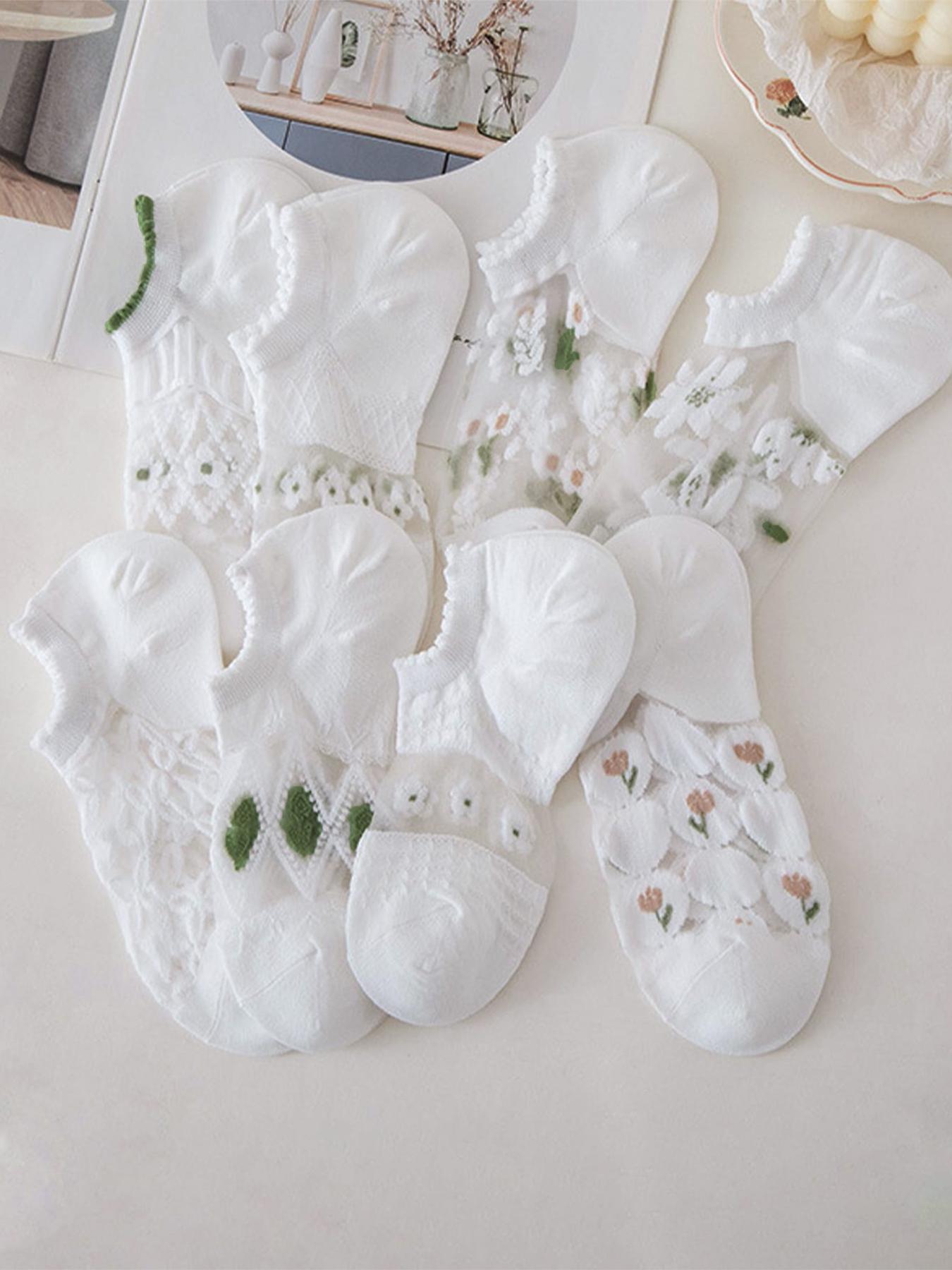 Women's 8 Pairs Floral Print Contrast Mesh Sheer Ankle Socks, Summer 2024 Fashion Casual Cozy Breathable Low Cut Socks For Daily Outdoor Wear, Women's Socks For Summer