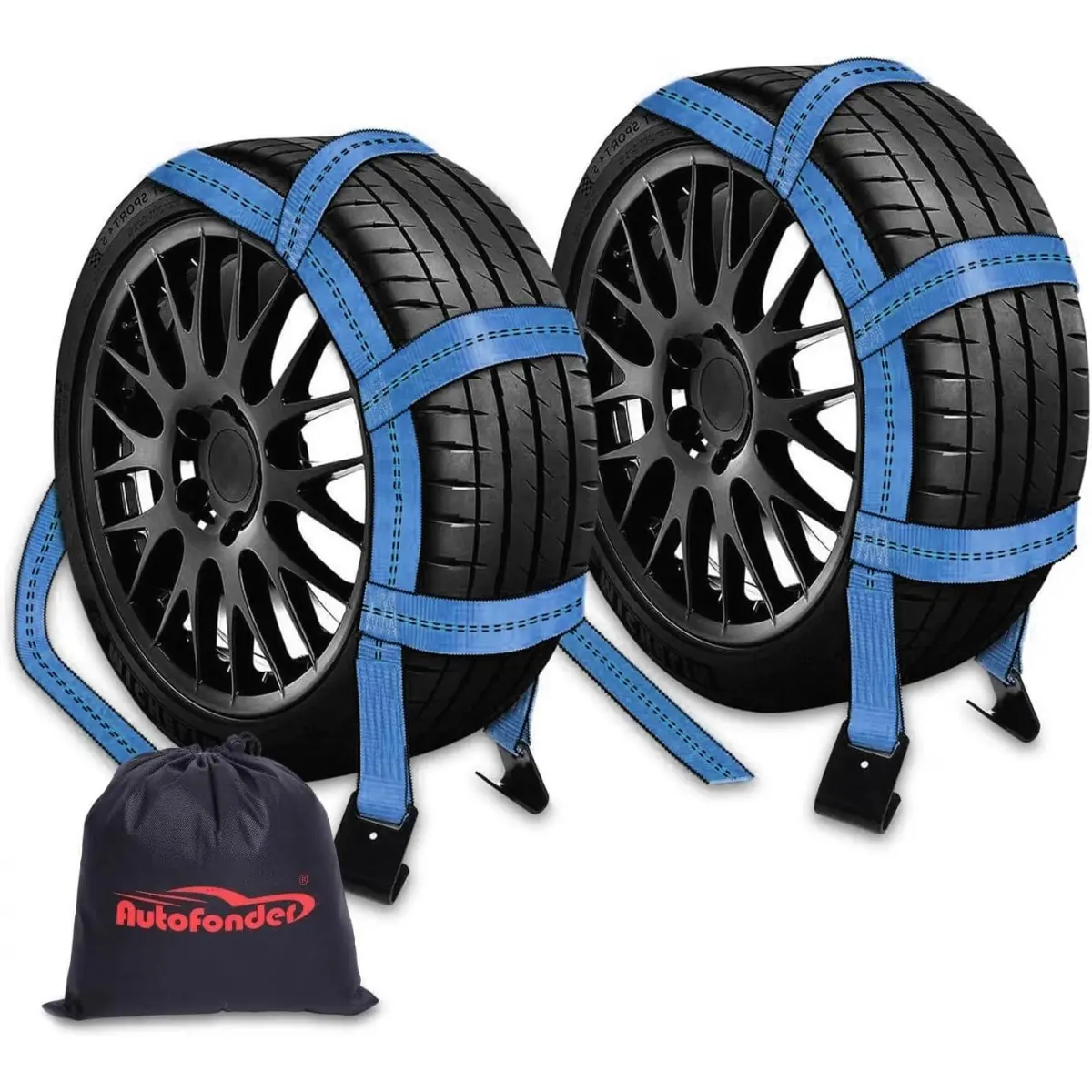 2Pc Tow Dolly Basket Straps with Flat Hook for 14"-17" Tires -10,000 lbs Breaking Strength Tire Bonnet&Tire Net -2" Over Wheel Car Basket Tie Down Straps with Carrying Bag(Blue)