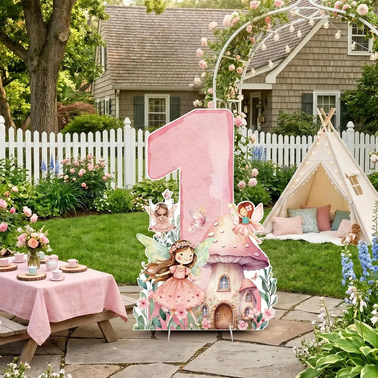 Fairy 1st Birthday Decorations for Girls, 36 Inch Fairy Number 1 Birthday Sign with Stand, Enchanted Garden Party Decor, Butterfly Mushroom Photo Booth Prop, First Birthday Backdrop Supplies