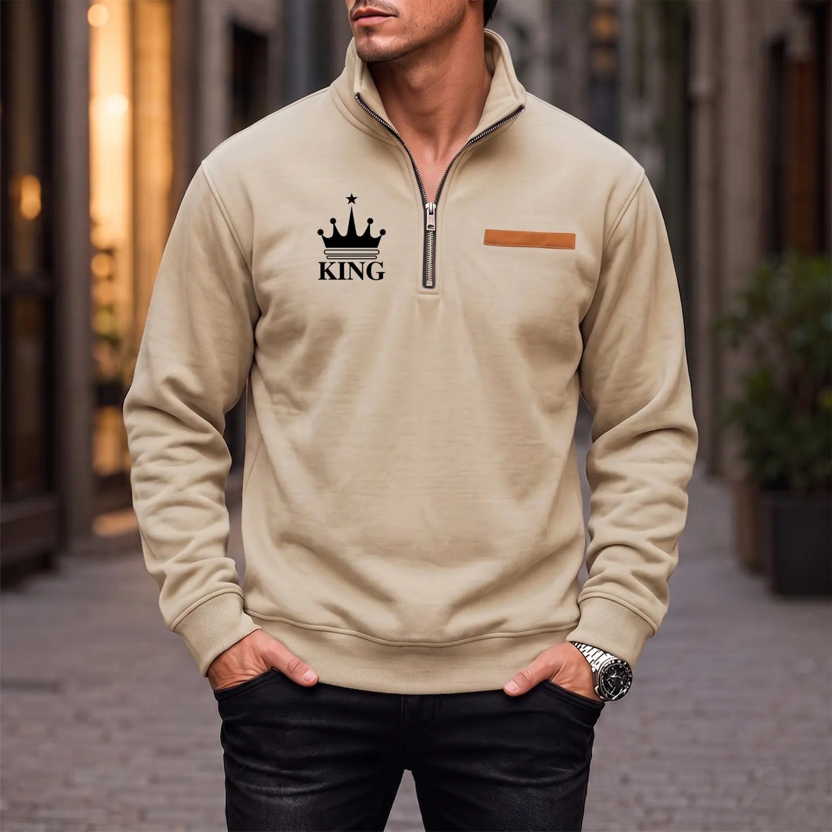 Men's Crown Graphic Quarter-Zip Fleece-Lined Stand Collar Longsleeve Menswear Sweatshirt - Soft, Loose, Stylish Warm Fall Winter Casual Tops for Daily Wear, Hiking