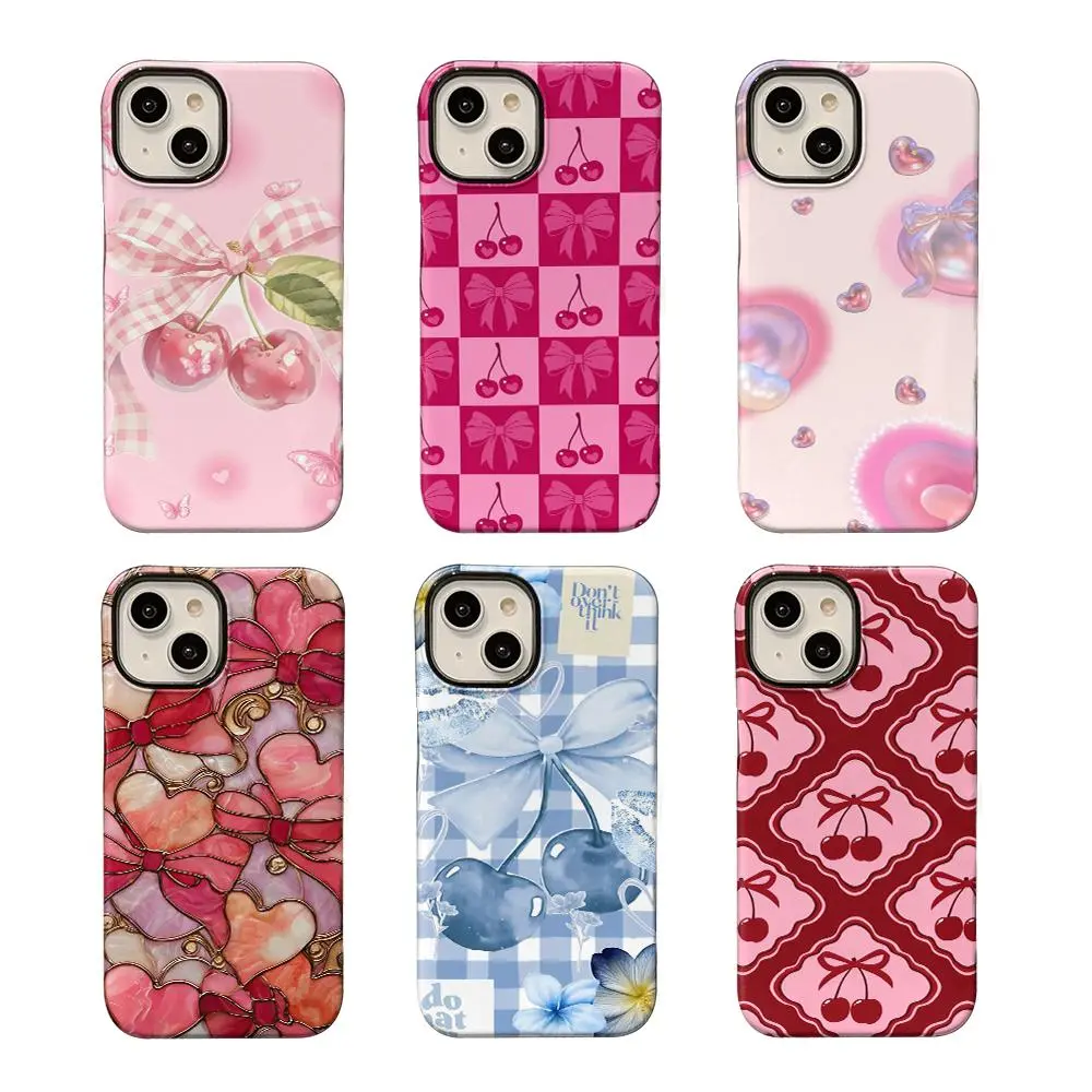 Viral Y2K Coquette Cherry Bow Cell Phone Case Cute Pink Heart Shockproof Cover Fits All iPhone 11-17 & Samsung S23-S25 Series