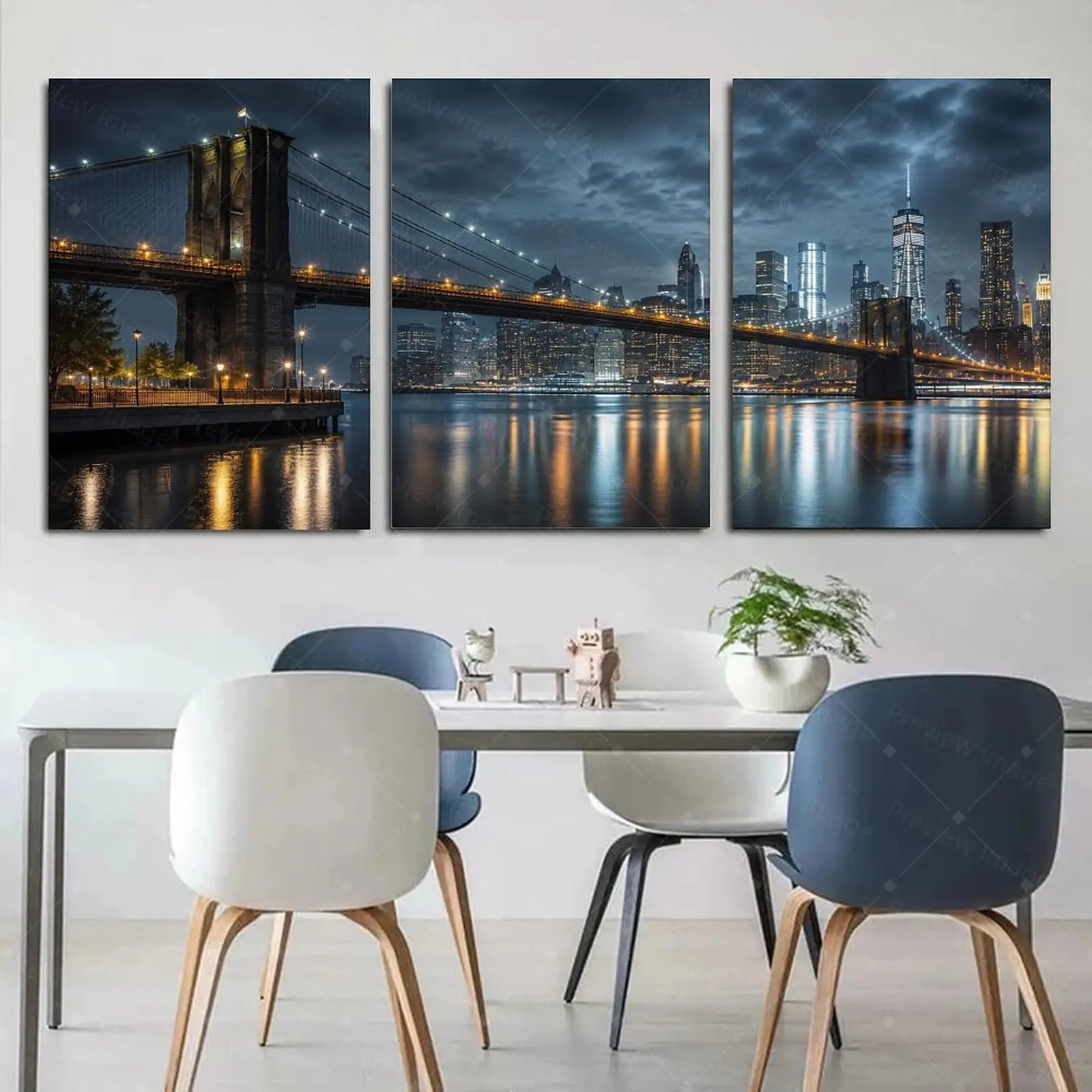 3 Piece Framed New York City Brooklyn Bridge Canvas Wall Art, Night Skyline & Lights Poster, Modern Urban Aesthetic Decor for Living Room Bedroom Office, NYC & Cityscape Lover Gift,wall decor,poster.