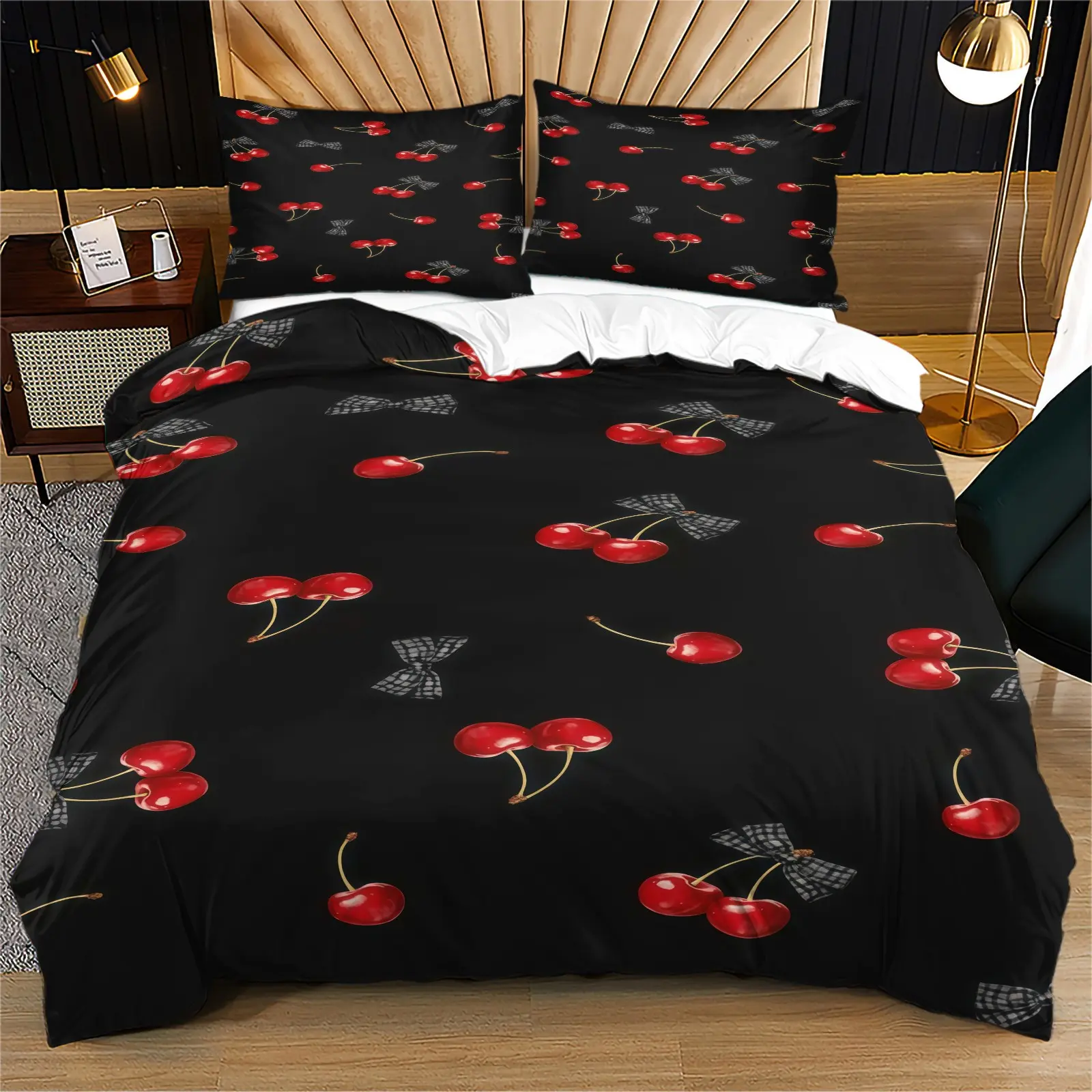 Cherry print pattern duvet cover set, including 1 duvet cover and 1 or 2 pillowcases, without a core or pillow, suitable for bedroom or dormitory bedding set, suitable for gift giving or personal use
