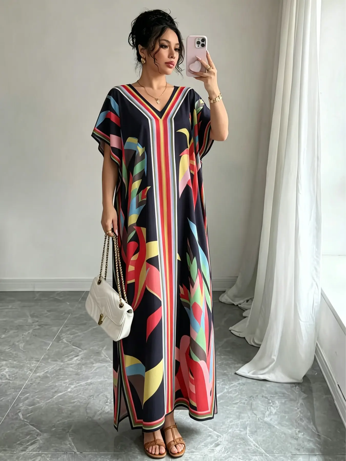 Women's Loose Long Summer Fashion Dress with V-Neck and Boho Style Floral Print, Modest Middle Eastern Muslim Abaya, Casual Beach Cover-Up for Vacation and Daily Wear