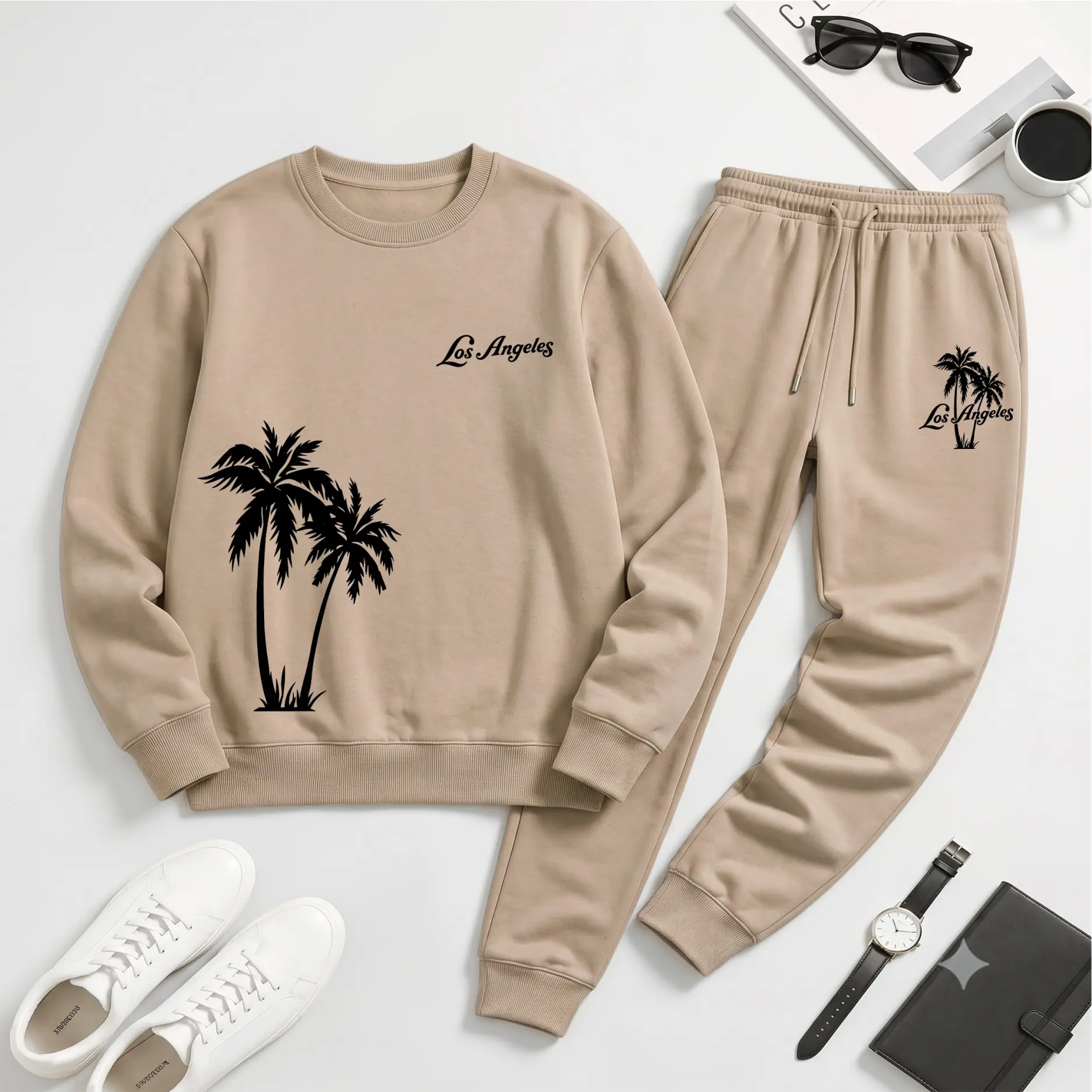 Men's Los Angeles Palm Tree Graphic Crewneck Sweatshirt and Jogger Pants Set, Casual Long Sleeve Pullover with Drawstring Sweatpants, Fall Winter Tracksuit for Daily Wear, Travel, Lounge and Outdoor Activities
