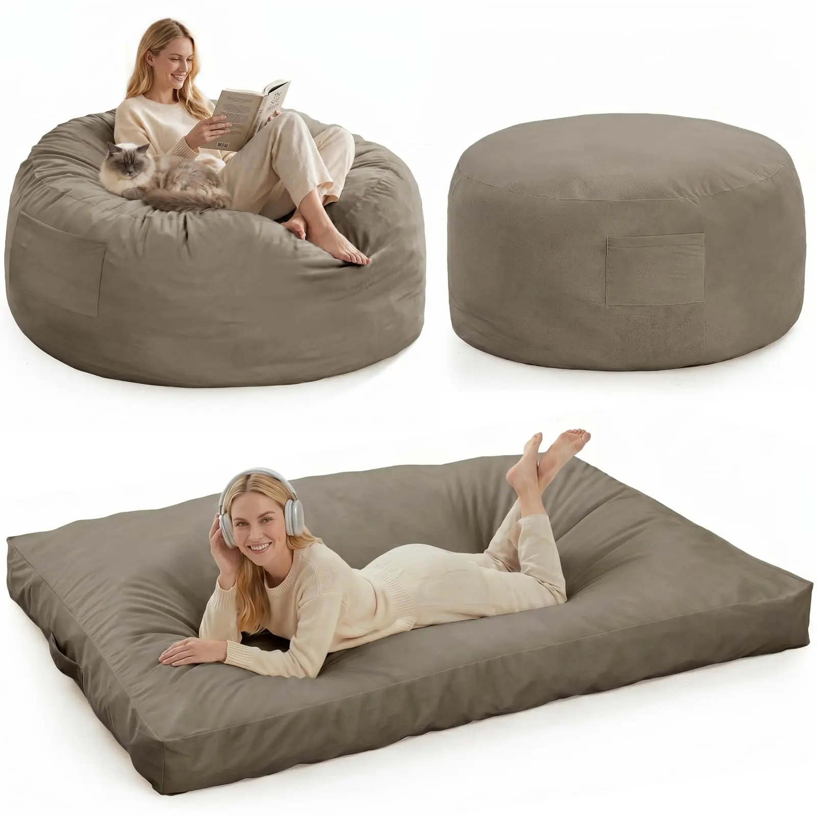 4-in-1 Oversized 4ft Memory Foam Bean Bag Sofa - 4-in-1 Convertible Lounger & Bed - Removable Washable Velvet Cover - Soft Floor Seating for Adults & Teens - Ideal for Living Room or Gaming