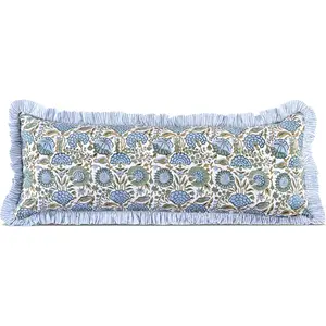 Block Print Asparagus Green 36"x14" Set 1-100% Cotton Ruffle Lumbar Sham Cover Boho Floral Pillowcase, Farmhouse Cottagecore Bedding, Soft Decorative Cover Gift for Spring, Easter, Valentine