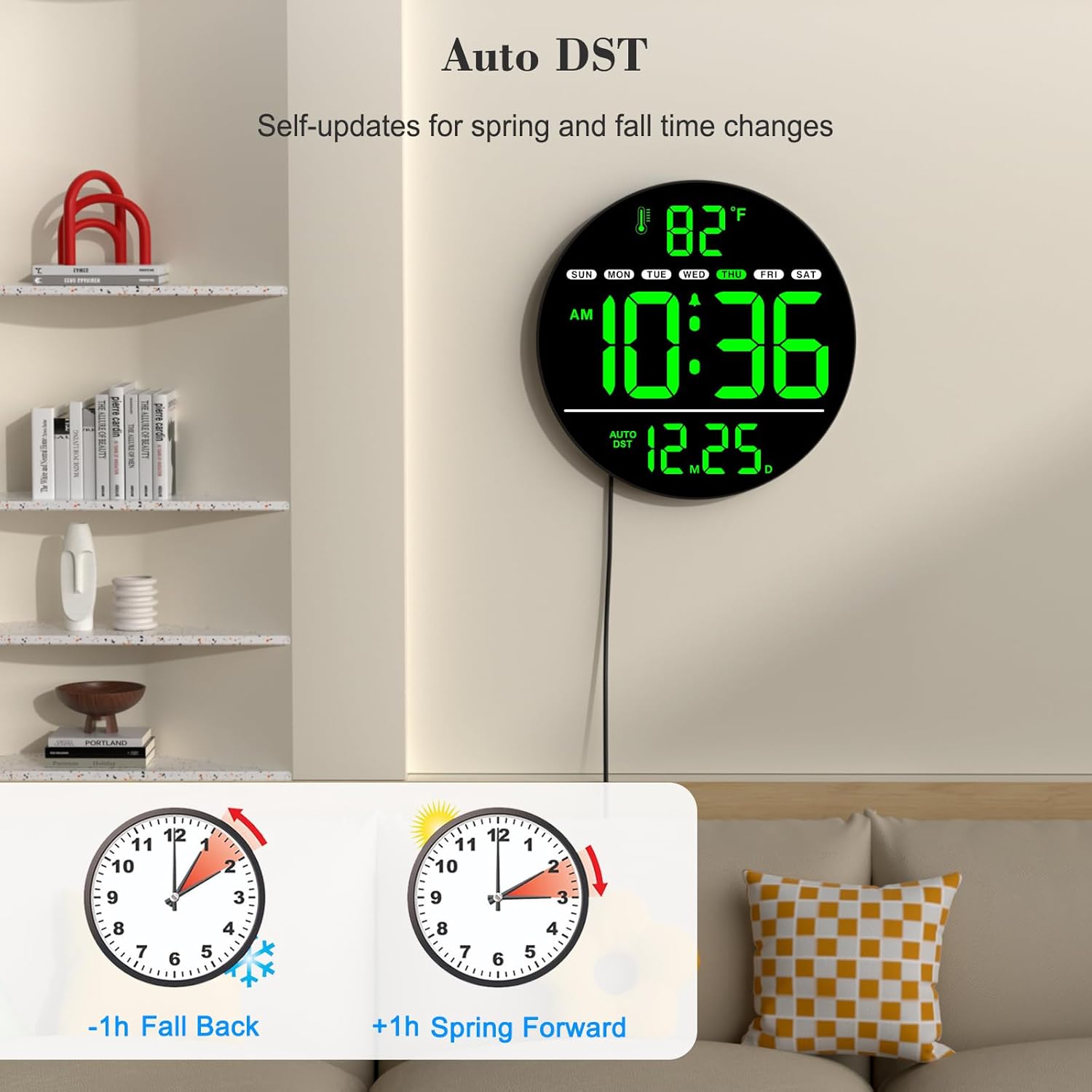 Large Digital Wall Clock with LED Display, Electric Wall Clock with Temperature, Auto DST, Date, and Day, 5-Level Brightness for Office, Bedroom, Living Room, Classroom Decor
