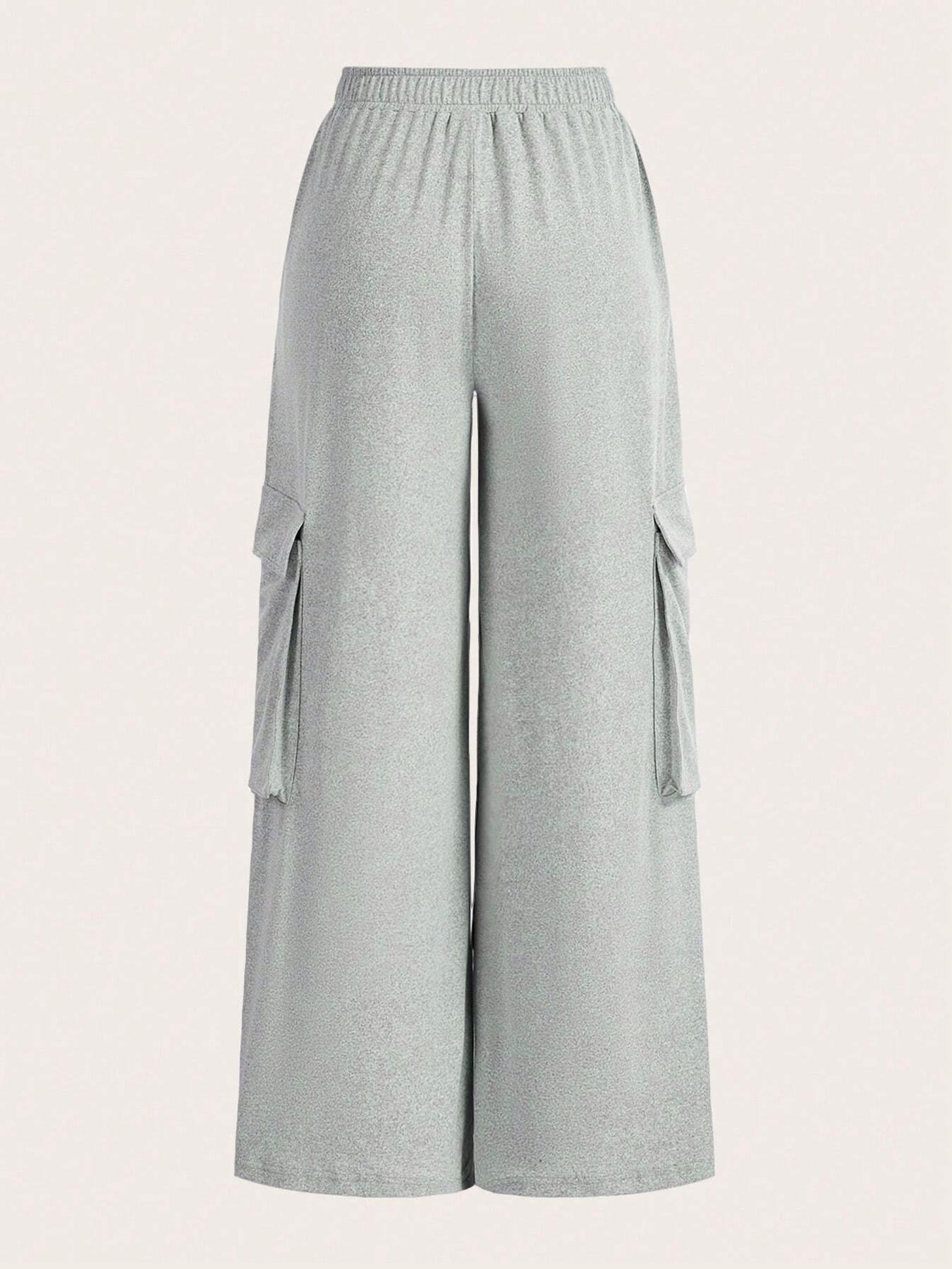 Women's Plain Flap Pocket Cargo Pants Knit, Casual Aesthetic Streetwear Wide Leg Trousers for Spring & Fall, Women's Bottoms for Daily Wear