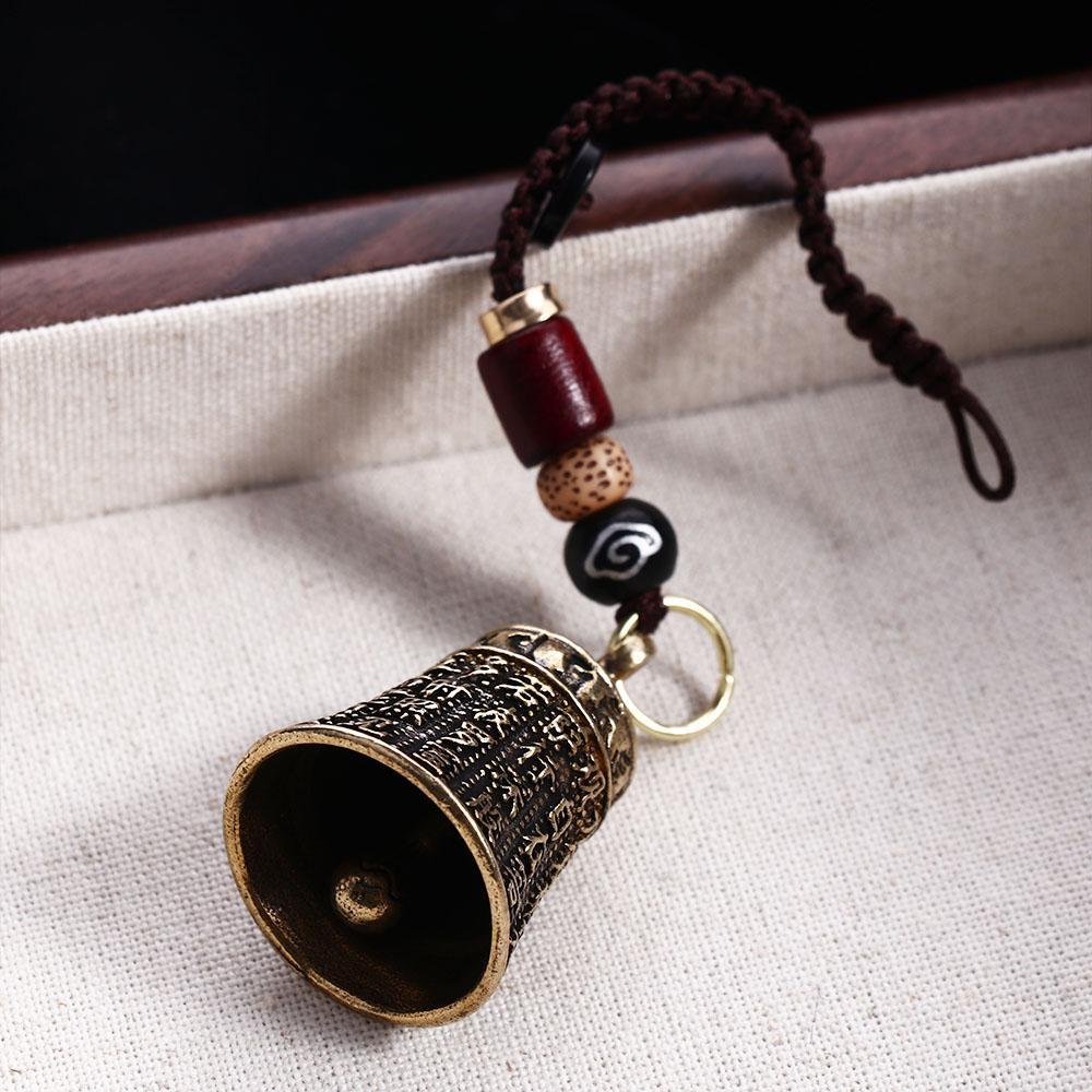 Brass Bell Keychain Pendant Engraved Mantra Charm Handmade Woven Rope Lanyard Hanging Ornament for Keys Bag Decoration Craft Accessory