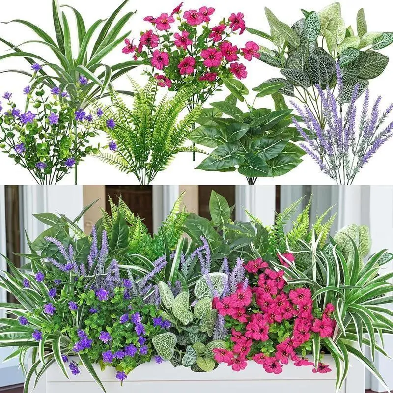 20-piece mixed synthetic greenery set, UV-protective decorative plants, artificial plants, synthetic flower decorations, low maintenance, suitable for outdoor flower pots, gardens and wedding decorations