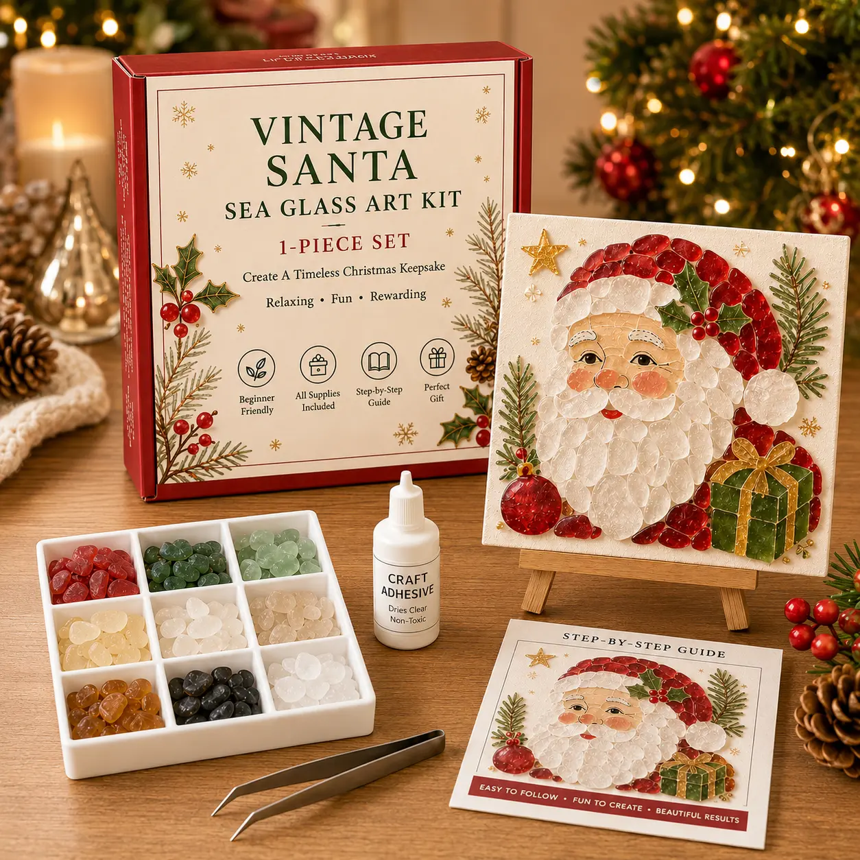 Christmas Sea Glass Art Kit, DIY Santa Mosaic Craft Kit with Colorful Glass Pieces, Step by Step Handmade Holiday Decoration, Beginner Friendly Creative Craft Gift for Adults Kids Christmas Home Decor
