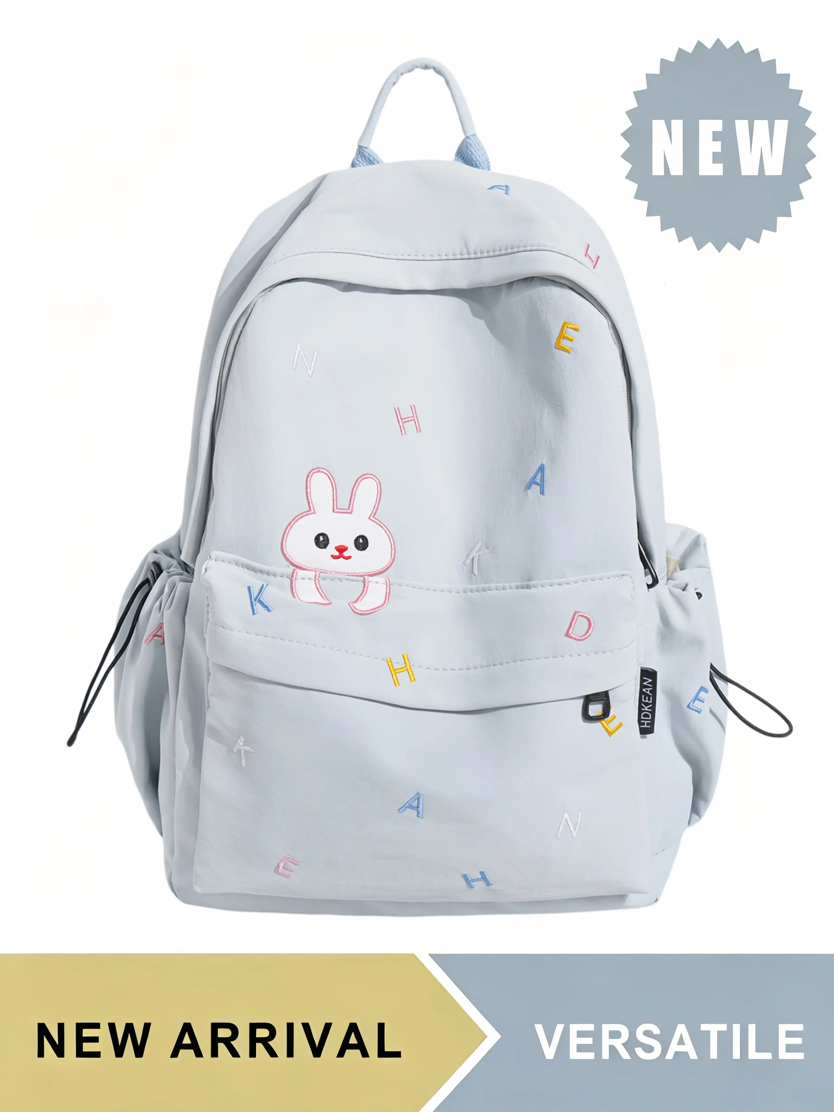 Cute Bunny Embroidered Letter Backpack for Teen Girls Students, Casual Daypack with Anti-theft Back Pocket & Side Water Bottle Pockets, Large Capacity School Bookbag, Multiple Colors Available,Ideal for Daily School Travel Hiking Picnic Outdoor Activities