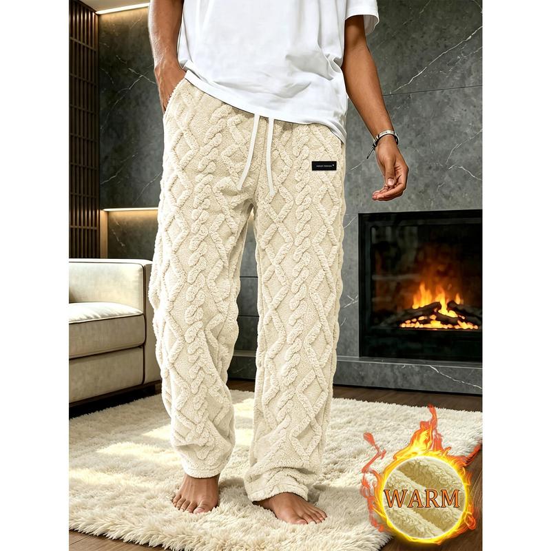 Men's Thick Wool Work Pants, Jogging Pants, Winter Style Black Jacquard Plush Fabric, Elastic Drawstring Waistband, Comfortable and Warm Design, Indoor Home Casual Pants,