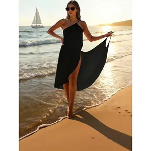 [Beach Cover-Up Shawl] Women's Cover-Up Beach Seaside Pool Vacation Black White Red One-Shoulder Shawl Wrap Skirt Beach Towel Camisole Dress