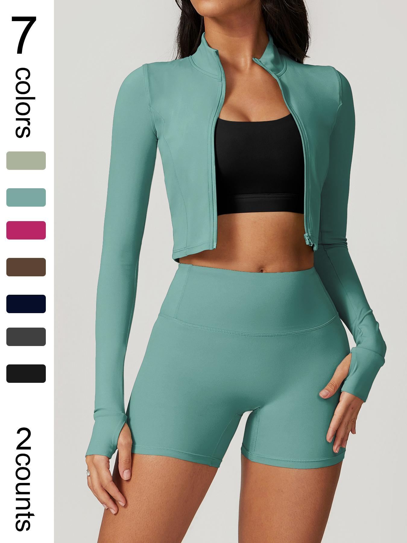 Women's high elastic soft standing neck zipper waist length shaping jacket high waist beautiful buttocks shorts yoga suit set Fitness Outfits Outdoor Running Cycling, Mountaineering Strolling Set Gym Sports Training Fashion Coat Shorts