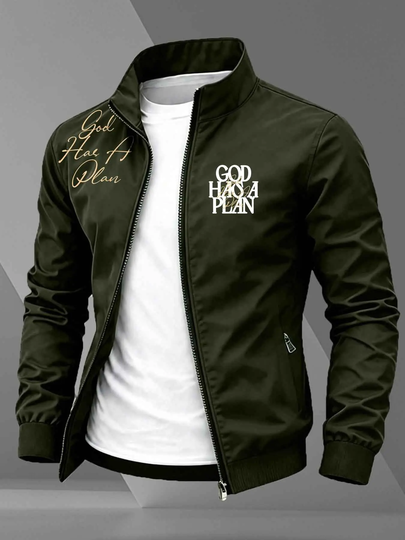 Men's Stand Collar Zip-Up Jacket, Collared Zipper Jacket, "GOD HAS A PLAN" Faith Slogan Letter Print Casual Windbreaker, Lightweight Christian Outdoor Streetwear Coat, Street Fashion Outerwear #FaithPrintJacket #ChristianStreetStyle #CasualWindbreaker